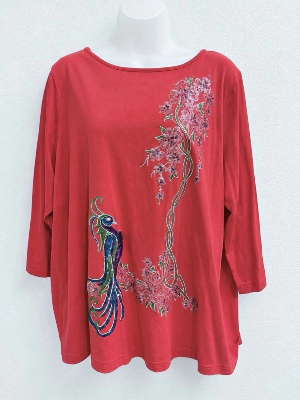 Bob Mackie Wearable Art XL Red Sequin Peacock Floral 3/4 Sleeve Top